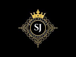 letra sj antigo logotipo vitoriano de luxo real com moldura ornamental. vetor