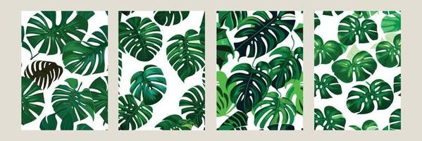 monstera verde como um padrão em um fundo branco. padrão exótico com folhas tropicais. ilustração vetorial. conjunto de cartazes quadrados vetor