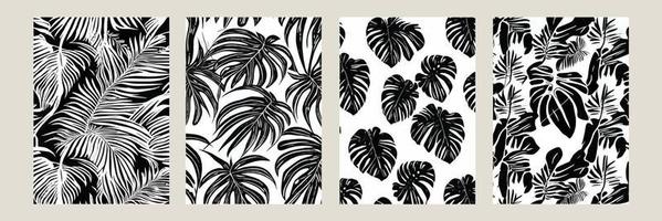 definir folhas exóticas sem costura padrão preto branco. fundo decorativo elegante vetor abstrato. folhas de palmeira tropical, padrão floral de vetor sem costura de folha de selva. papel de parede estilo tropical grunge.