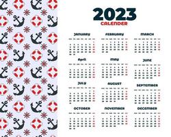 modelo de calendário 2023 marinho e náutico desenhado à mão vetor