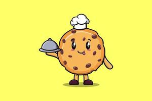 biscoitos de chef bonito dos desenhos animados servindo comida na bandeja vetor