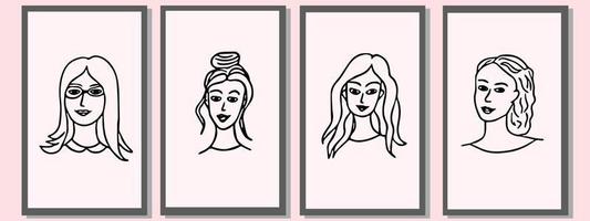 retratos de arte de linha do minimalismo de meninas. conjunto de modelos para cartazes, cartões, decoração de interiores. esboce o estilo de doodle desenhado à mão. feminismo, dia da mulher vetor