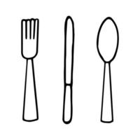 colher, garfo, ícone de conjunto de facas. esboce o estilo de doodle desenhado à mão. vetor, minimalismo, monocromático. talheres louças configuração de mesa de comida vetor