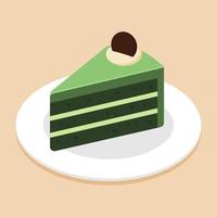 fatia de bolo matcha ou bolo de chá verde com chocolate no prato ou prato. conceito de sobremesa doce deliciosa. ícone de comida isométrica. ilustração em vetor bonito dos desenhos animados. símbolo do elemento de doces. cardápio do café.