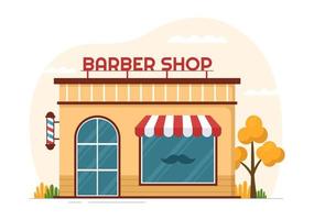 barbearia para corte de cabelo de clientes masculinos ou femininos com espelhos, mesa e equipamento de corte de cabelo em ilustração de modelos desenhados à mão de desenhos animados planos vetor