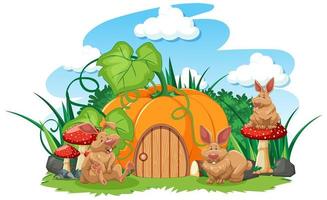 casa de abóbora com três coelhos de desenho animado vetor