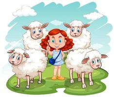 menina ruiva e ovelhas no campo vetor