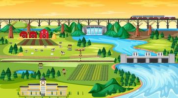 cidade de campo agrícola e escola e trem do céu da ponte vetor