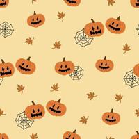 sem costura padrão com abóboras de halloween, web, folhas de outono. conceito de feliz dia das bruxas. design para cartão de festa, embrulho, tecido, impressão vetor