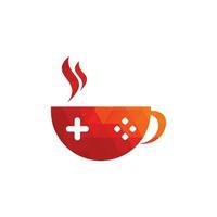 logotipo do café do jogo. botão de jogo na xícara de café com tipográfico vetor