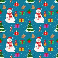 padrão sem emenda de natal com boneco de neve, árvore de natal, veado com presentes em um fundo azul. padrão de inverno para papel de embrulho e embalagens, cartões de natal, plano de fundo da página da web. vetor
