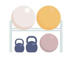 rack com bolas e kettlebells objeto de vetor de cor semi plana. elemento editável. item de tamanho completo em branco. ilustração de estilo de desenho animado simples para web design gráfico e animação