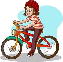 garota de criança bonita feliz andando de bicicleta smile.girl andando de bicicleta para a escola vetor