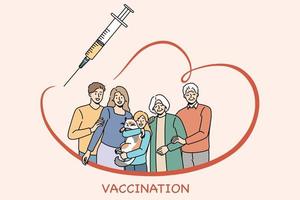 vacinação e conceito de proteção médica. família com crianças, pais e avós juntos e se sentindo protegidos com ilustração vetorial de seringa e vacinação vetor