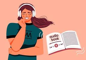 mulher em fones de ouvido sem fio ouvindo áudio livro online. conceito de aprendizagem on-line. biblioteca da internet. ilustração vetorial vetor