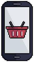 telefone móvel pixel art com ícone de cesta de compras, ícone de vetor de celular para jogo de 8 bits em fundo branco