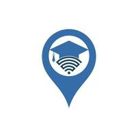 modelo de design de logotipo de conceito de forma de pino de mapa de educação wifi. chapéu de pós-graduação e design de logotipo de vetor wifi. estudar o conceito de logotipo online