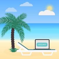 ilustração em vetor trabalho freelance em estilo simples. laptop na espreguiçadeira sob palmeira na praia tropical. conceito de trabalho distante.