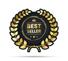 rótulo de prêmio de melhor vendedor de ouro e preto 3d. distintivo de garantia premium realista com a coroa de louros vetor