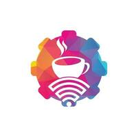 design de logotipo de conceito de forma de engrenagem wifi de café. xícara de café com logotipo de ícone vetorial wifi vetor