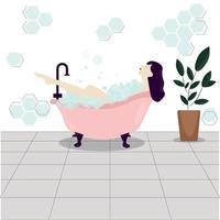 uma mulher no banheiro. tomando banho. bolhas de sabão. banho. tratamento de água. a garota. ilustração. poster. vetor
