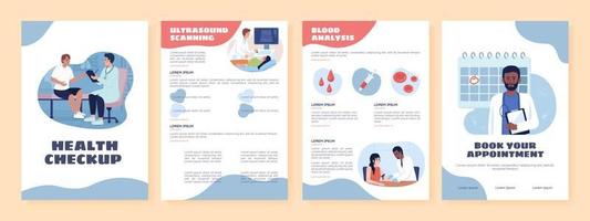 modelo de folheto de vetor plano de exame de saúde. livreto, desenhos de cores planas para impressão de folhetos. página de revista editável, kit de relatórios com espaço para texto