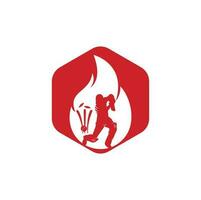 design de logotipo de vetor de jogador de críquete de fogo. ícone do logotipo de fogo de críquete. batedor jogando críquete e logotipo de combinação de fogo