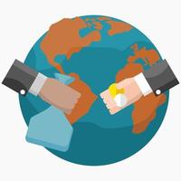 editável duas mãos segurando moedas e mercadorias na frente do globo terrestre para ilustração de arte do conceito de negócios de comércio internacional vetor