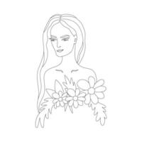 mulher jovem e bonita com flores no estilo de linha artística. ilustração vetorial vetor