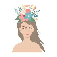 mulher jovem e bonita com os olhos fechados e flores na cabeça. ilustração vetorial vetor