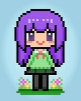 Pixels de 8 bits, personagens femininas de cabelos roxos. garota dos desenhos animados de anime em ilustrações vetoriais para ativos de jogos ou padrões de costura cruzada. vetor