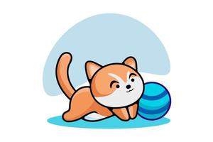 gato gatinho fofo com bola azul. gato dos desenhos animados em estilo minimalista em fundo branco. ilustração de bola de gato vetor