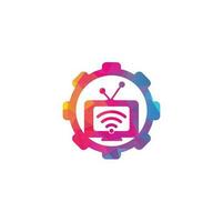 vetor de logotipo de conceito de forma de engrenagem de tv e wifi. símbolo ou ícone de televisão e sinal. logotipo exclusivo de mídia e rádio