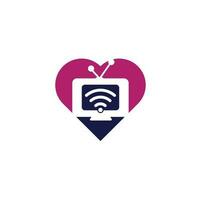 vetor de logotipo de conceito de forma de coração de tv e wifi. símbolo ou ícone de televisão e sinal. logotipo exclusivo de mídia e rádio