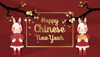 2 coelhos um segura lingotes de ouro e o outro segura envelopes vermelhos para felicitar o feliz ano novo chinês com flores de ameixa dourada no fundo