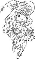 bruxa menina desenho animado doodle kawaii anime página para colorir ilustração fofa desenhando personagem de clipart Chibi mangá quadrinhos vetor