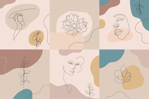 fundos de beleza de vetor, histórias de mídia social, layouts de feed de postagens. conjunto de ilustrações com rosto de mulher contínua de uma linha e folhas, flores. colagem contemporânea com manchas, forma quadrada. vetor