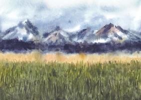 paisagem da natureza com montanhas em pintura em aquarela vetor