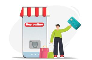 homem feliz com smartphone, cartão de crédito e sacolas de compras fazendo compras on-line, conceito de compras on-line, e-commerce, venda flash, desconto, pagamento sem dinheiro, digital, ilustração plana vetor