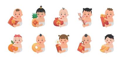 conjunto de bebês ou crianças felizes e fofos com elementos do ano novo chinês, saco de papel vermelho com moedas de ouro e lingotes de ouro vetor