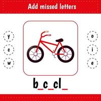 cartões de aprendizagem para crianças. adicionar letras perdidas. bicicleta. planilhas para educação infantil para escola e jardim de infância. planilha educacional vetor