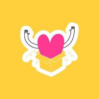 desenhada adesivo doodle coração em uma caixa. um coração amoroso salta surpresa de suas caixas em um fundo amarelo. ilustração em vetor adesivo dia dos namorados.