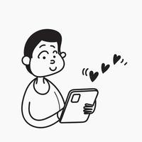 doodle desenhado de mão segurando a ilustração de sinal de amor de tela do tablet vetor