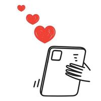 doodle desenhado de mão segurando a ilustração de sinal de amor de tela do tablet vetor