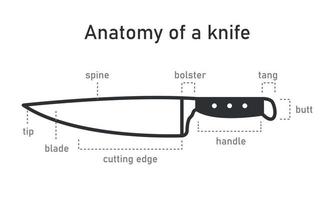 a anatomia da faca de chef. ferramenta para cozinhar, caçar, militar. utensílios de cozinha. vista lateral. ilustração vetorial vetor