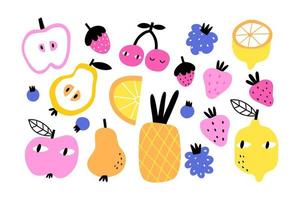 conjunto de frutas fofas em estilo plano desenhado à mão. ilustração vetorial vetor