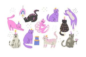 conjunto de gatos de aniversário fofos em estilo plano desenhado à mão. ilustração vetorial vetor