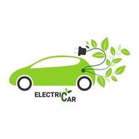 carro elétrico verde com cabo de carregamento, folhas verdes e legenda na parte inferior da imagem vetor