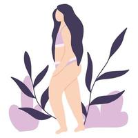 corpo de mulher positivo. cartaz com garota e folhas. ilustração vetorial. estilo plano. vetor