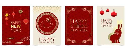 cartão de ano novo chinês de ouro vermelho com coelho, flor, lunar vetor